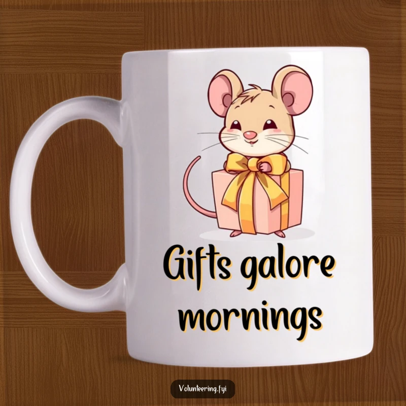 Funny mug with a determined mouse expertly tying a ribbon around a gift, symbolizing dedication and thoughtful presentation.
