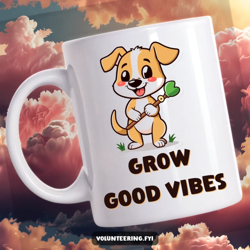 Funny dog mug featuring a cheerful dog wagging its tail while holding a gardening tool, perfect for dog lovers.