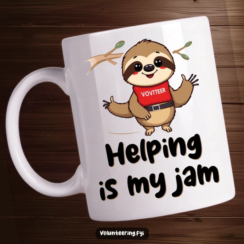 Funny sloth mug featuring a smiling sloth in a red volunteer vest, ready to help, perfect for volunteer appreciation gifts.