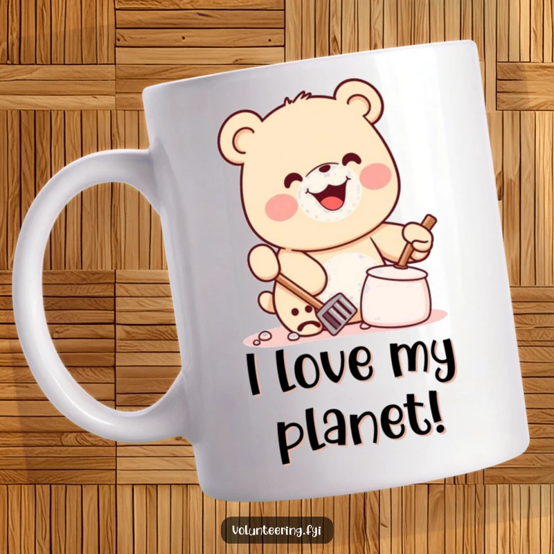 Funny Kawaii Bear Mug: Smiling bear enthusiastically collecting litter with eco-friendly glee, perfect for a cute gift.
