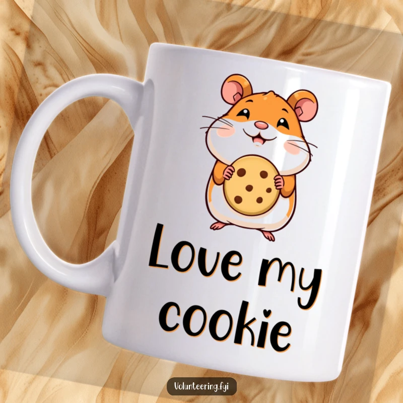 Funny hamster mug featuring a happy hamster offering a tiny cookie, perfect for cookie lovers and small pet fans.