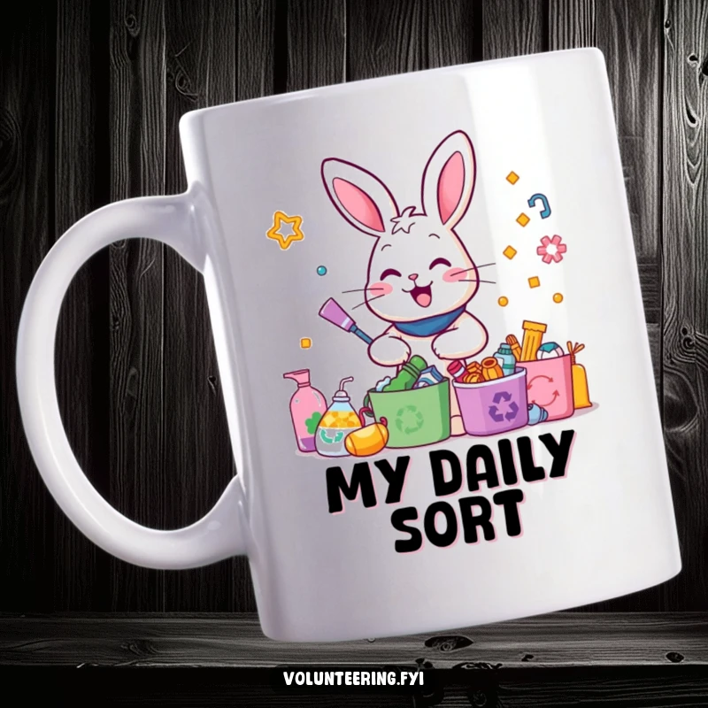 Funny Rabbit Recycling Mug: A happy rabbit joyfully sorts colorful recyclable items, promoting environmental consciousness with a smile.