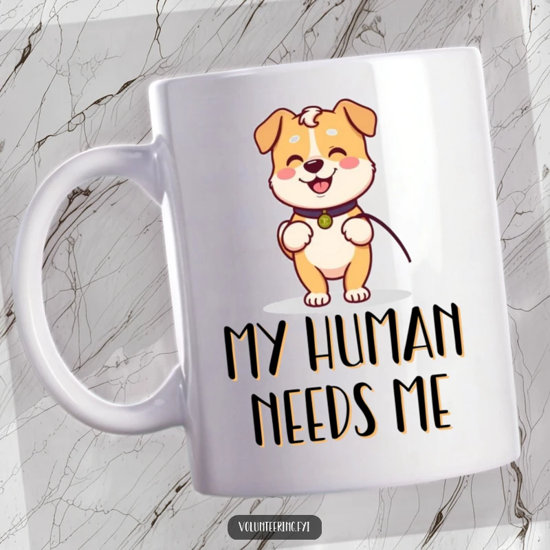 Funny mug showing a Kawaii dog holding a leash, eagerly waiting to walk with a beloved elder, symbolizing companionship.
