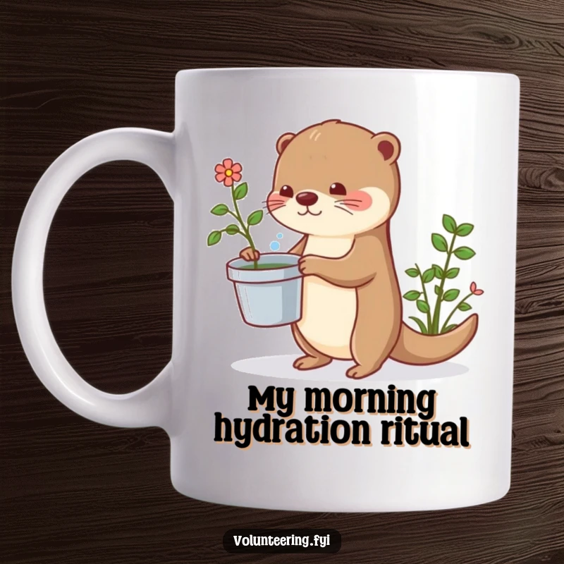 Funny otter mug with a watering can, happily tending to plants, bringing joy and a splash of humor.