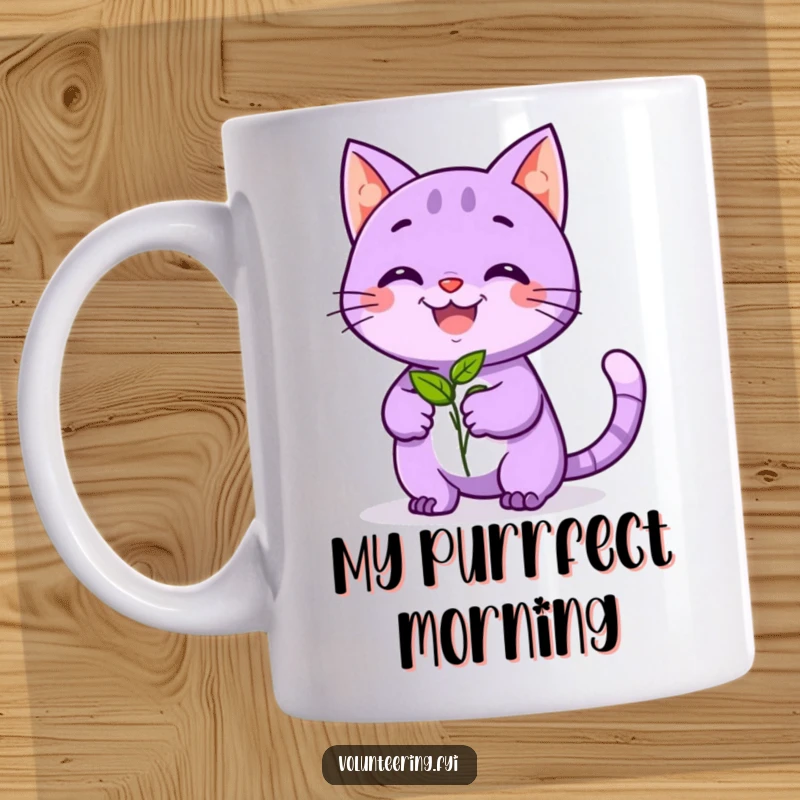 Funny mug featuring a playful purple cat with a beaming smile handing a small green seedling to a visitor, symbolizing growth and kindness.