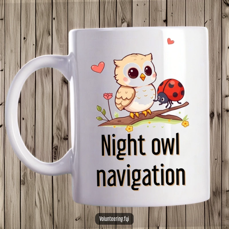 Funny mug showing a thoughtful owl helping a lost ladybug find its way home, evoking warmth and gentle humor.