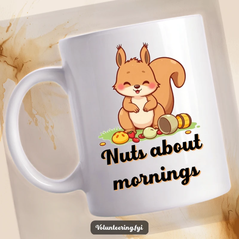 Funny Squirrel Picnic Mug featuring a playful squirrel happily tidying picnic items with a smile, embodying cheerful organization.