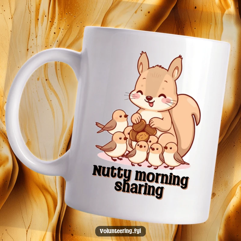 Funny kawaii squirrel mug, generously sharing nuts with a group of smaller birds, symbolizing friendship and abundance, a heartwarming illustration.