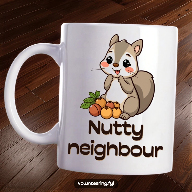Funny Squirrel Nut Mug: A friendly cartoon squirrel diligently gathering acorns, holding out a few to share with a warm smile.