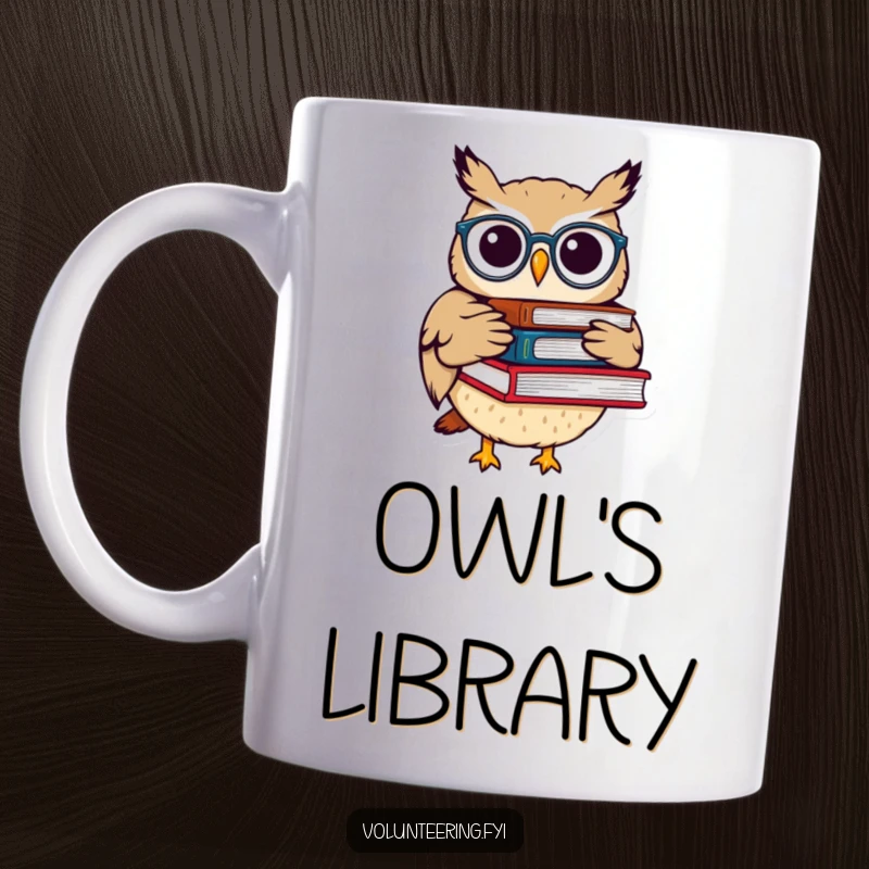 Funny owl mug wearing spectacles, carrying a stack of books, embodying wisdom and a love for reading, a great gift for scholars.