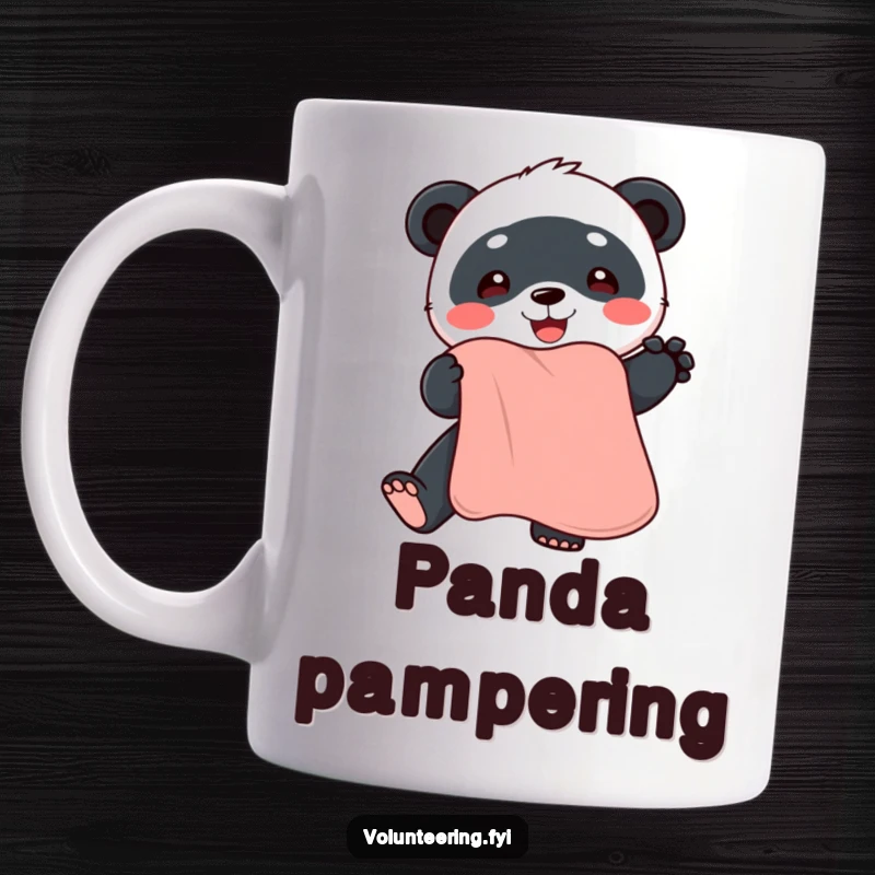 Funny panda mug, offering a soft, clean towel with a friendly smile, perfect for a cozy morning.