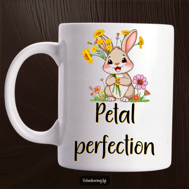 Funny rabbit mug, a delighted cartoon rabbit joyfully holding a vibrant bunch of bright wildflowers, bringing spring cheer.
