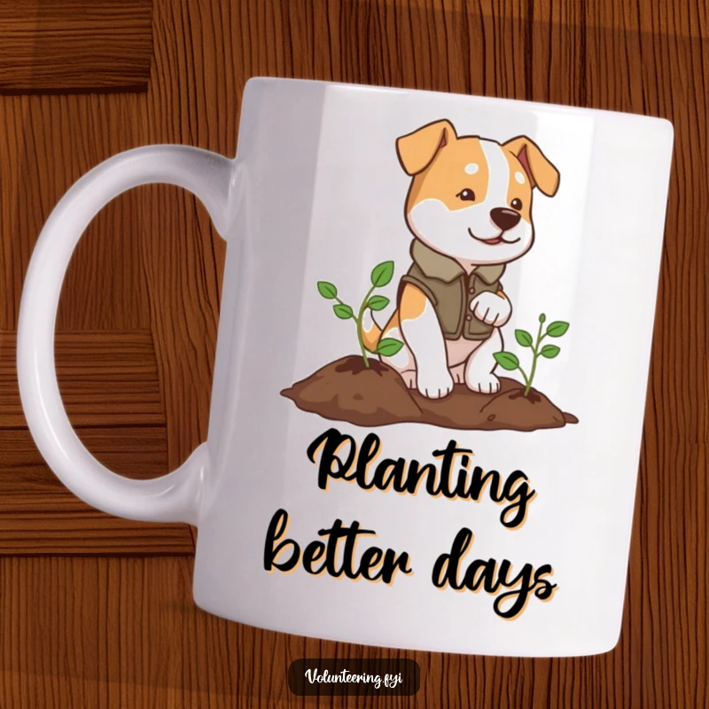 Funny mug featuring a determined dog in a vest, diligently planting a small tree, symbolizing conservation.