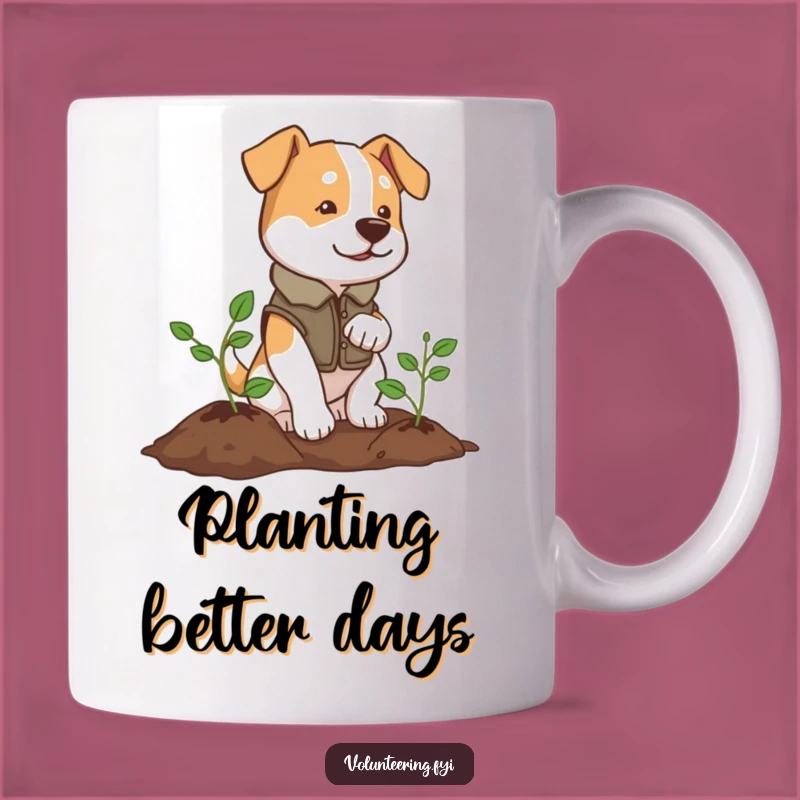 Funny Dog Planter Mug: Determined Vest-Wearing Pup Planting Tree