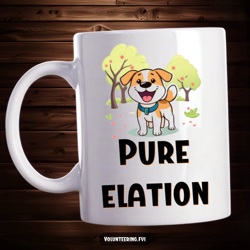 Funny Dog Park Mug: A cheerful cartoon dog with its tail a blur, happily wagging in a sunny park setting.
