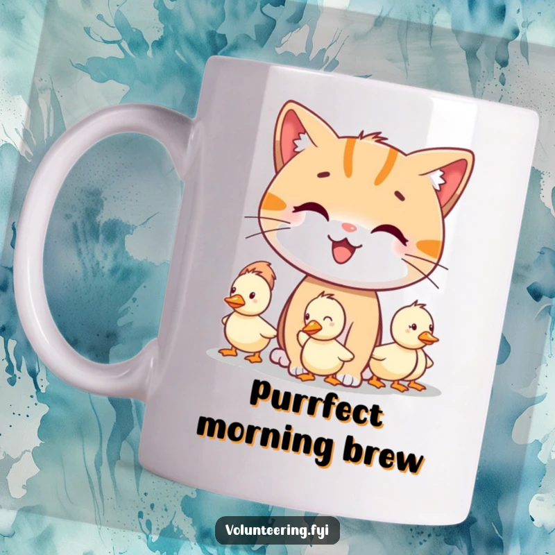 Funny smiling cat character guiding lost little ducklings, cute and funny gift mug.