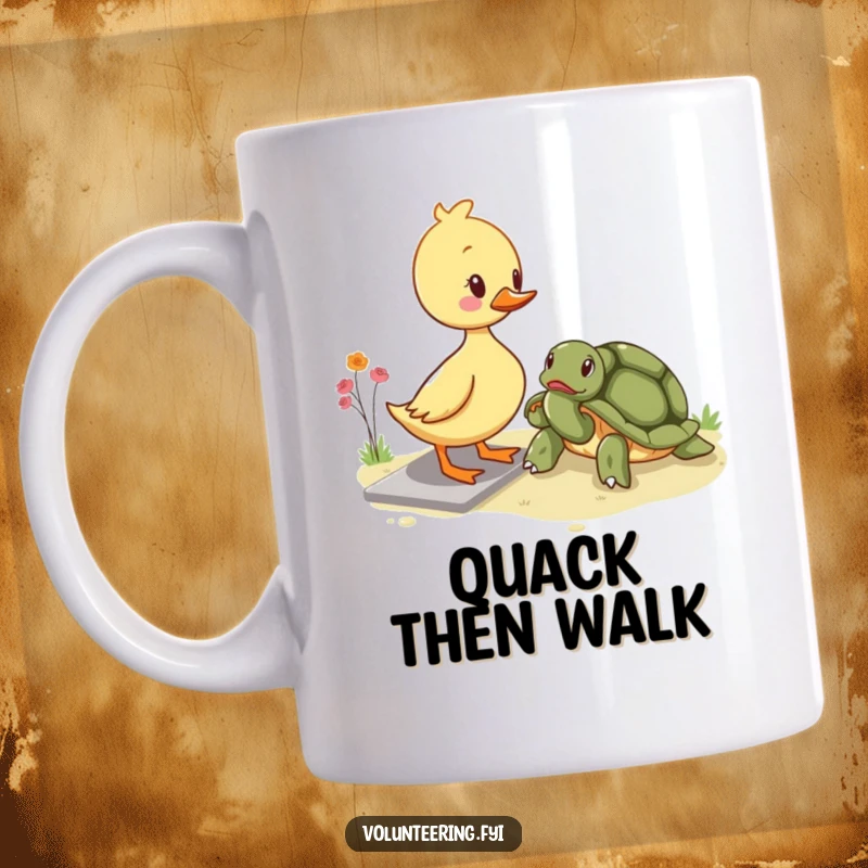 Funny kawaii duckling mug, cheerfully guiding an elderly turtle across a path, symbolizing intergenerational kindness and helpfulness, a heartwarming scene.
