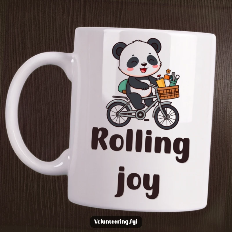 Funny Panda Bike Mug: A happy cartoon panda giggling while riding a bicycle loaded with various supplies, radiating pure fun.