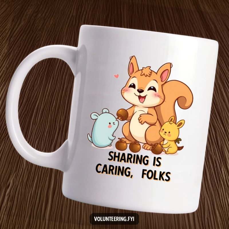 Funny squirrel mug featuring a delighted squirrel handing out acorns to happy forest animals, spreading cheer.