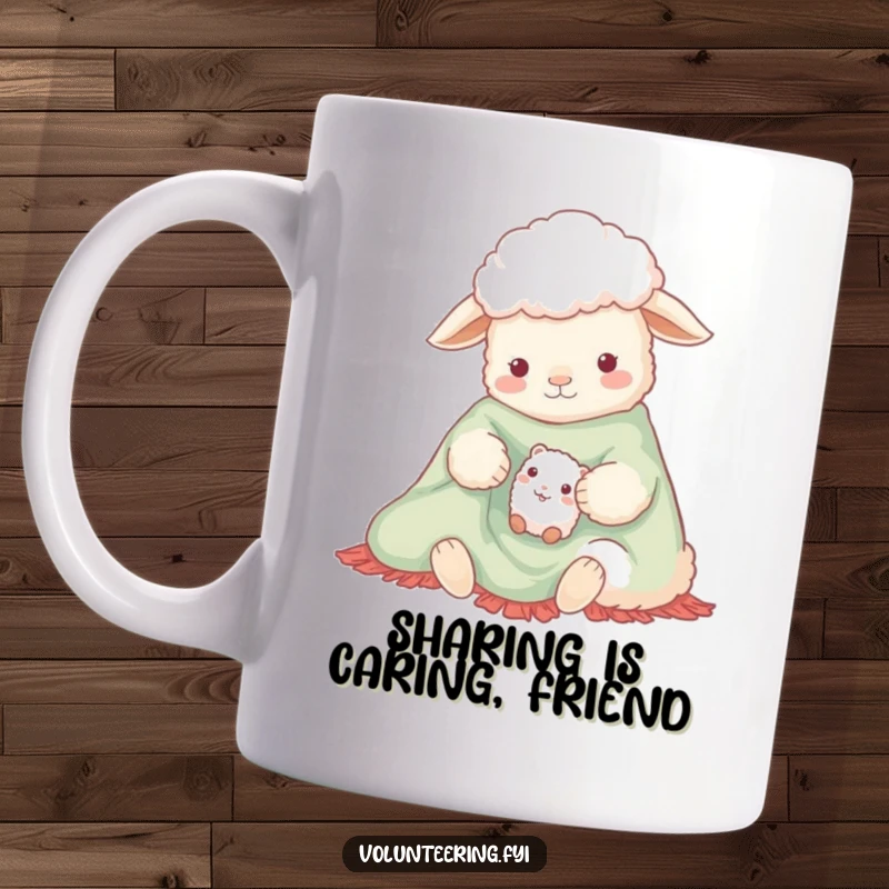 Funny mug showing a gentle sheep warmly sharing a bright, soft blanket with a small, contented creature, evoking comfort and friendship.
