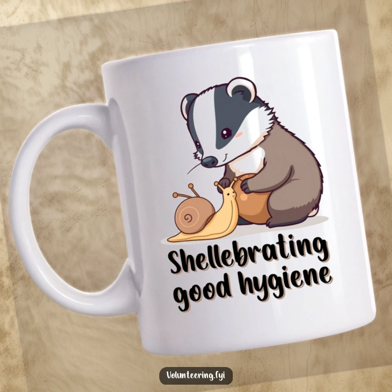 Funny badger mug featuring a diligent badger helping a snail clean its shell, a cute illustration of meticulous assistance.