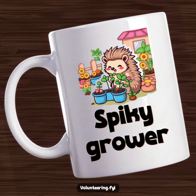 Funny Hedgehog Garden Mug: A cute cartoon hedgehog tenderly organizing plants in a vibrant community garden, radiating sweetness.