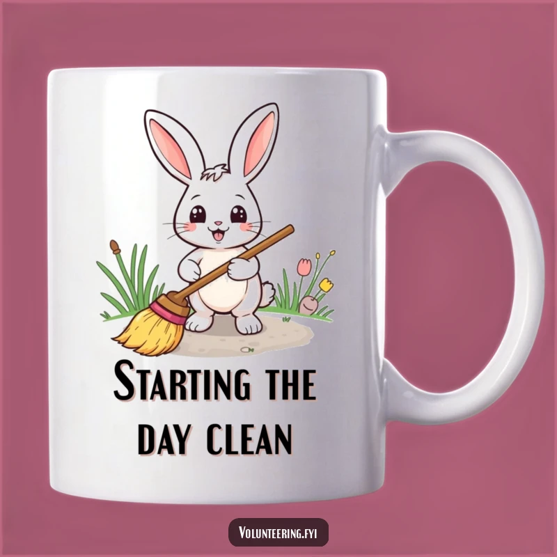 Funny Rabbit Sweeping Mug: Smiling Bunny with Broom, Perfect Clean Gift!