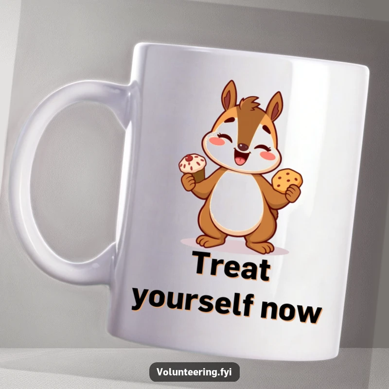 Funny squirrel mug, a giggling cartoon squirrel proudly holding a freshly baked treat, celebrating culinary success.
