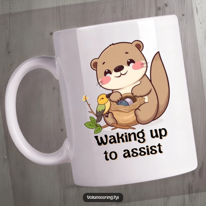 Funny Kawaii otter cheerfully helping a small bird build its nest, cute friendship mug.