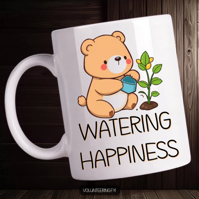 Funny bear mug, a contented cartoon bear carefully watering a small sprouting plant with a gentle, happy expression.