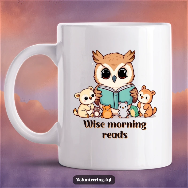 Funny mug showing a curious Kawaii owl character reading a book to a group of young animals, educational and charming, a great funny gift.