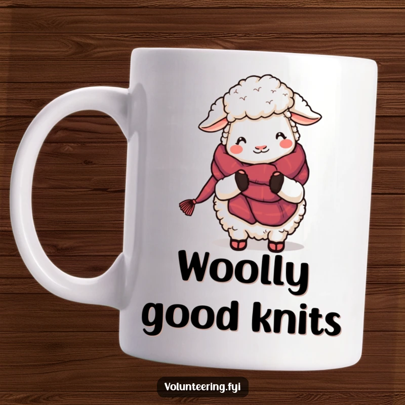 Funny Sheep Knitting Mug: A fluffy cartoon sheep contentedly knits a long, colorful scarf, radiating warmth and joy.