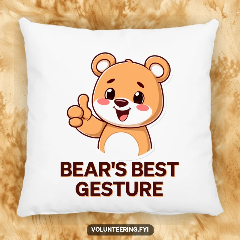 Funny and soft pillow featuring a cheerful cartoon bear giving a thumbs up, symbolizing happiness, approval, and comfort.