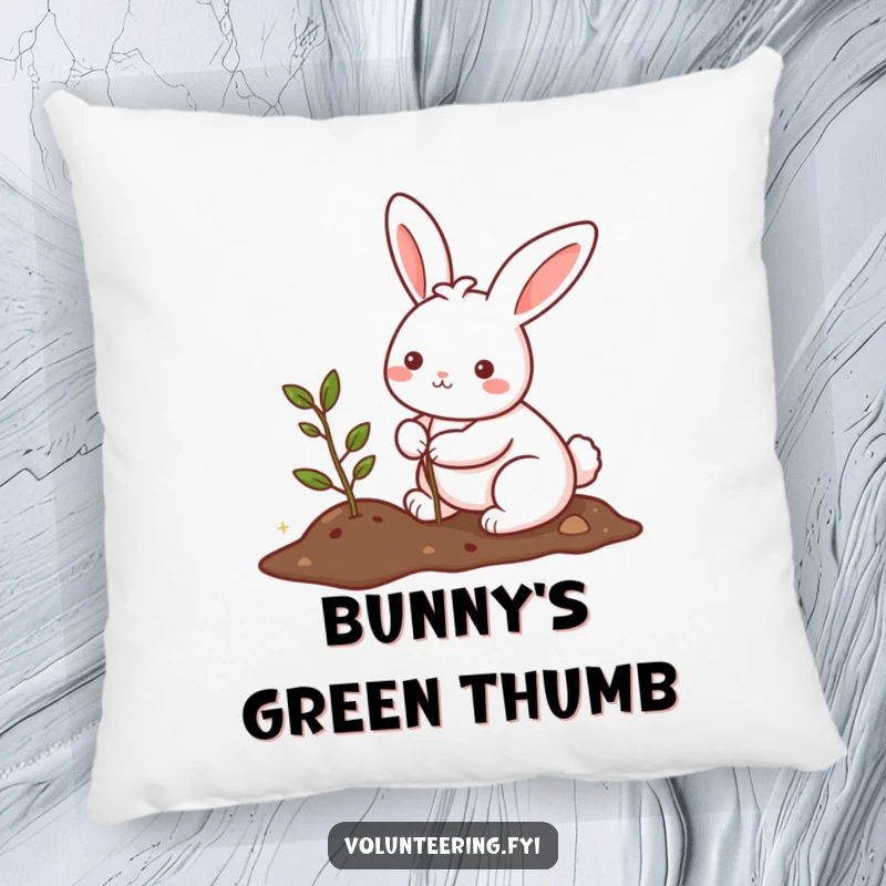 Funny and soft pillow depicting a kawaii bunny planting a small tree, symbolizing growth, nature, and cozy comfort.