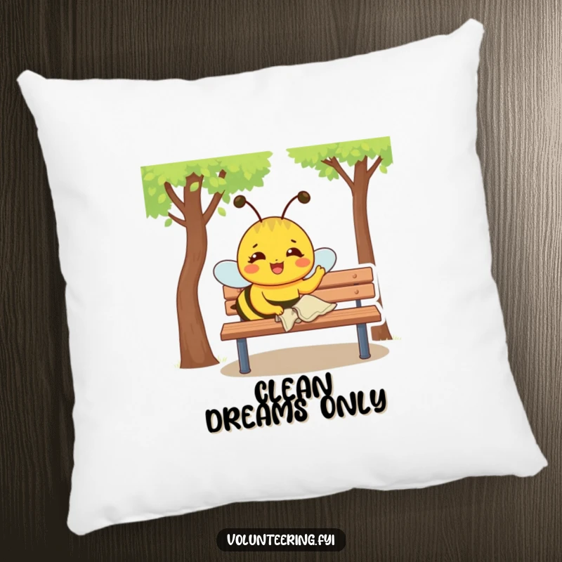 Funny Pillow: Joyful yellow bee with a determined expression polishes a park bench with a small cloth, soft and dedicated.