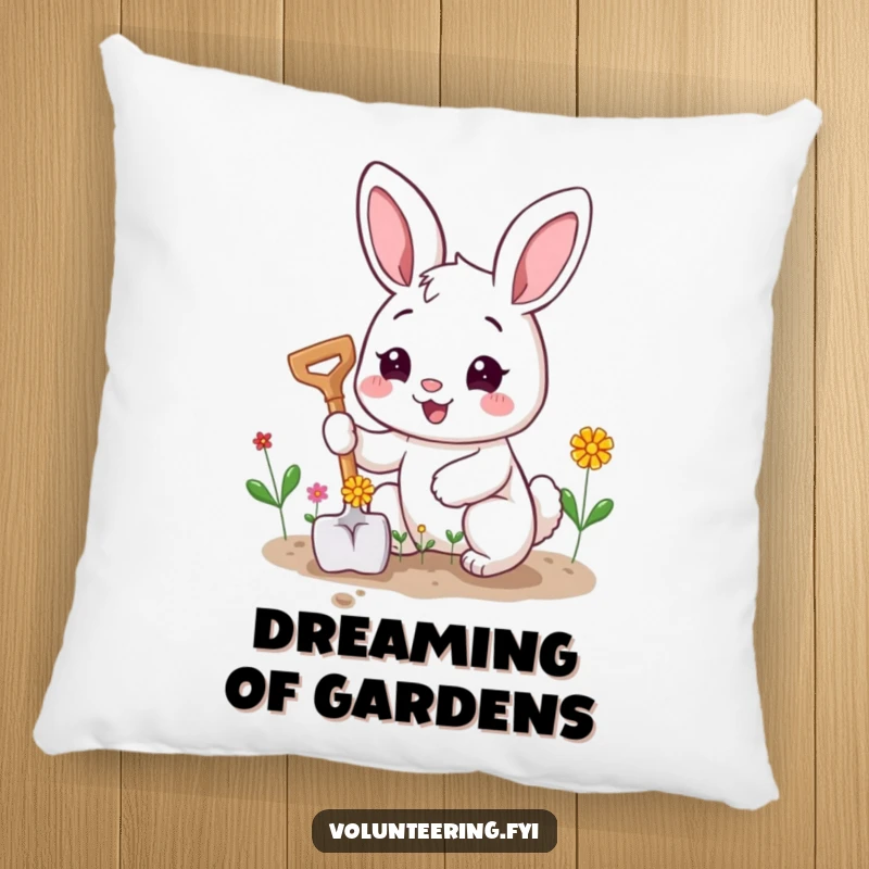 Funny pillow with a plush, happy bunny character planting tiny flowers with a smiling shovel, offering comfort.