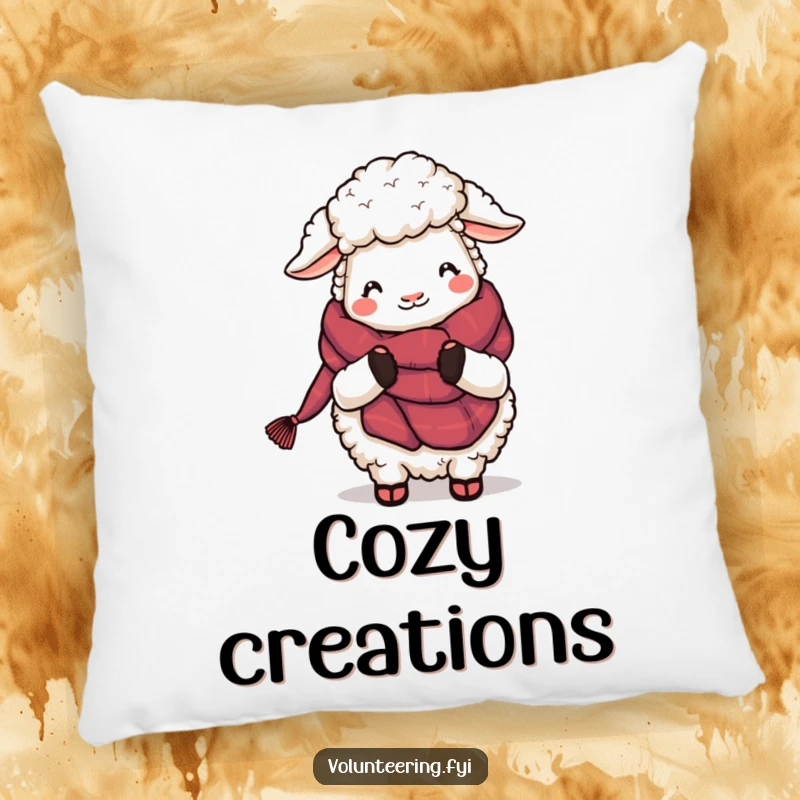 Funny Sheep Knitting Pillow: A fluffy, adorable cartoon sheep engrossed in knitting a soft, warm scarf, perfect for cozying up.