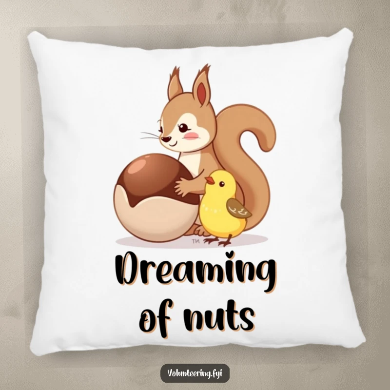Funny pillow with a squirrel sharing a nut with a happy bird, perfect for comfort and companionship.