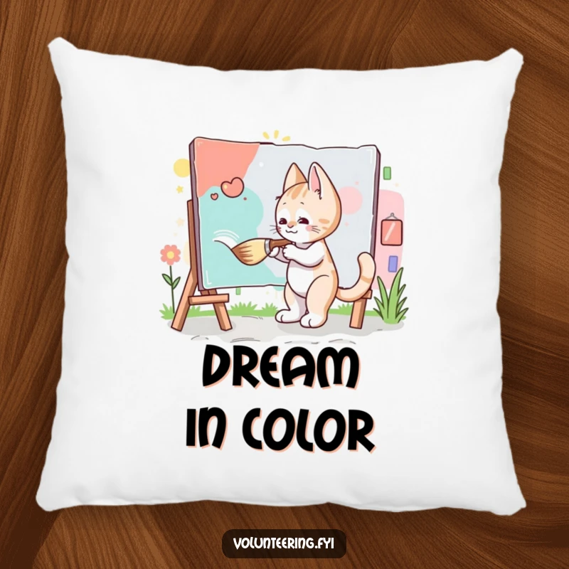 Funny Kitten Artist Pillow: A diligent kitten painting a community mural with a giant brush, bringing artistic flair and humor to decor.