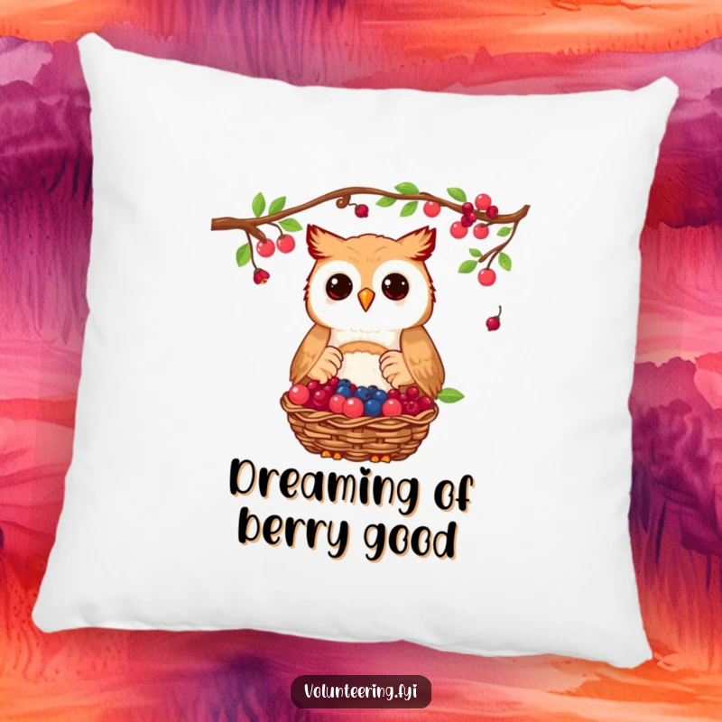 Funny owl pillow displaying a proud owl donating a basket of collected berries, a soft cushion for comforting generosity.