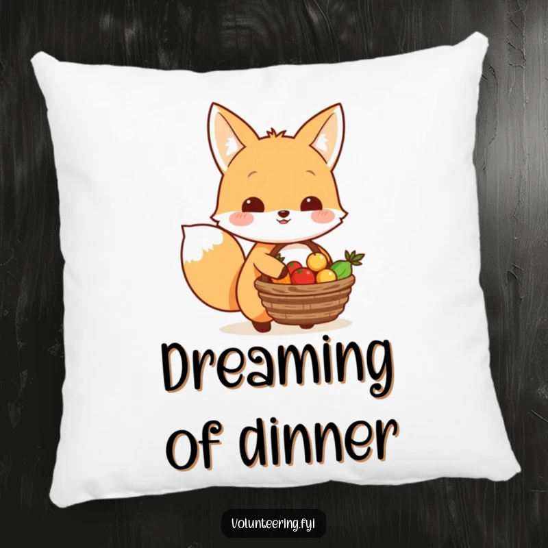 Funny Kawaii fox carrying a basket of food to share, plush pillow, cute generosity decor.