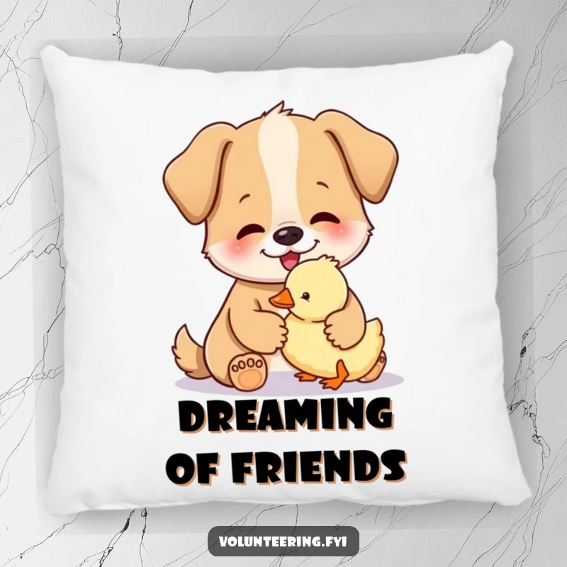 Funny pillow design featuring a happy dog gently petting a small, fluffy duckling, bringing heartwarming whimsy indoors.