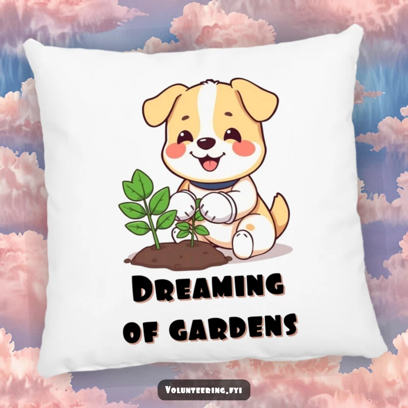 Funny pillow featuring a happy dog in gardening gloves planting a tree, offering comfort and a touch of nature.