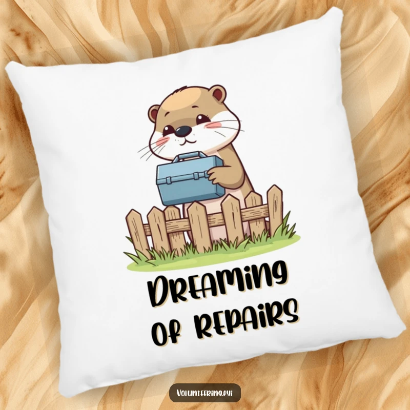 Funny pillow featuring a helpful otter passing a toolbox over a fence, perfect for a workshop.