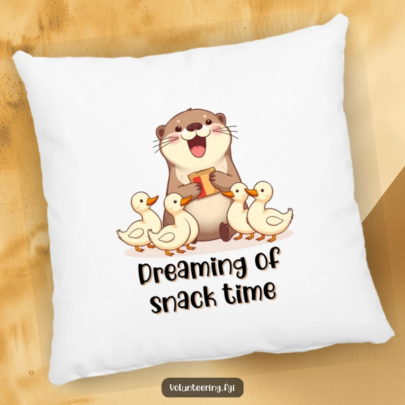 Funny pillow with a delighted otter sharing snacks with ducks, offering cozy humor and adorable sharing vibes. Ideal funny gift.