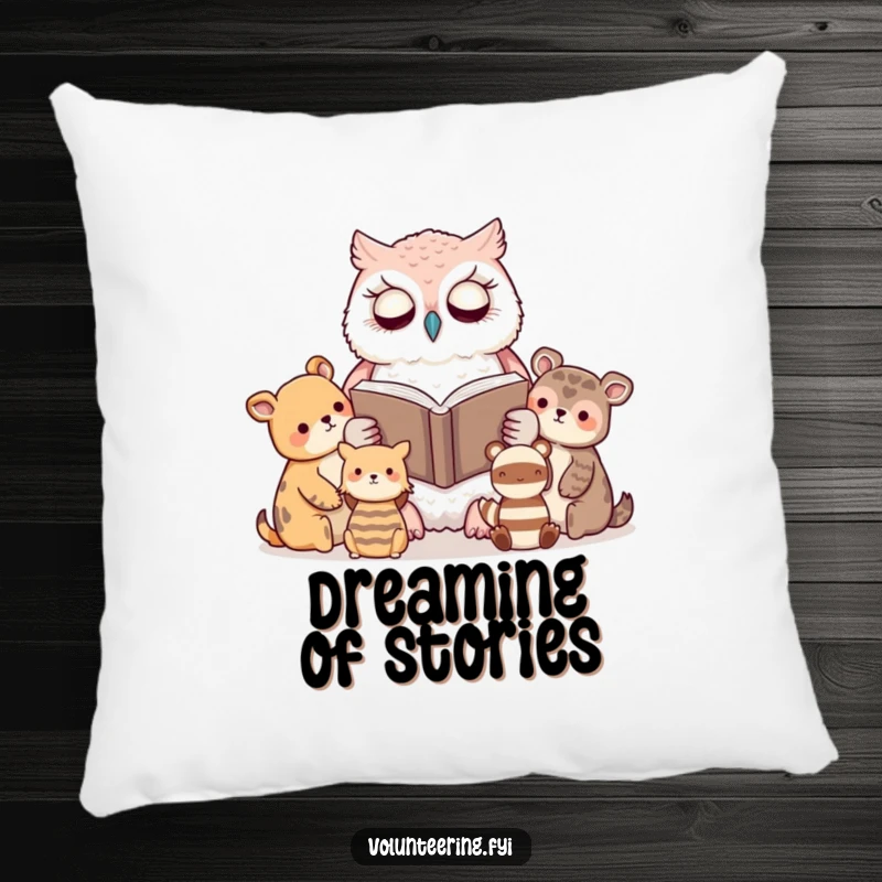 Funny pillow with a kawaii owl reading a book to attentive animal friends, offering soft comfort and a whimsical design.