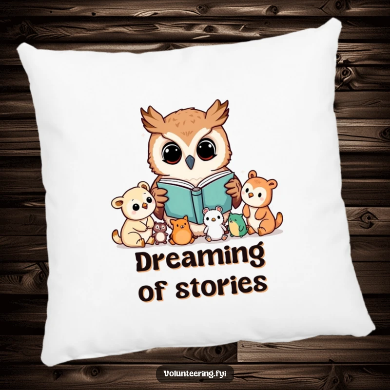 Funny pillow featuring a Kawaii owl character reading a book to young animals, soft and cozy, a great funny gift.