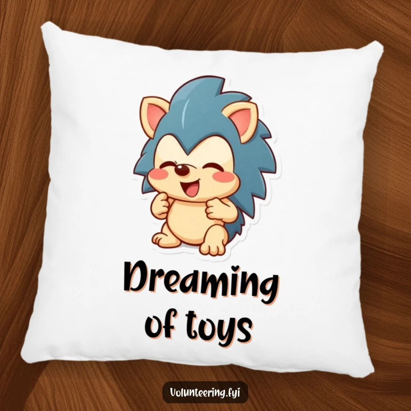 Funny enthusiastic hedgehog character sharing a toy on a soft pillow, ideal funny gift.