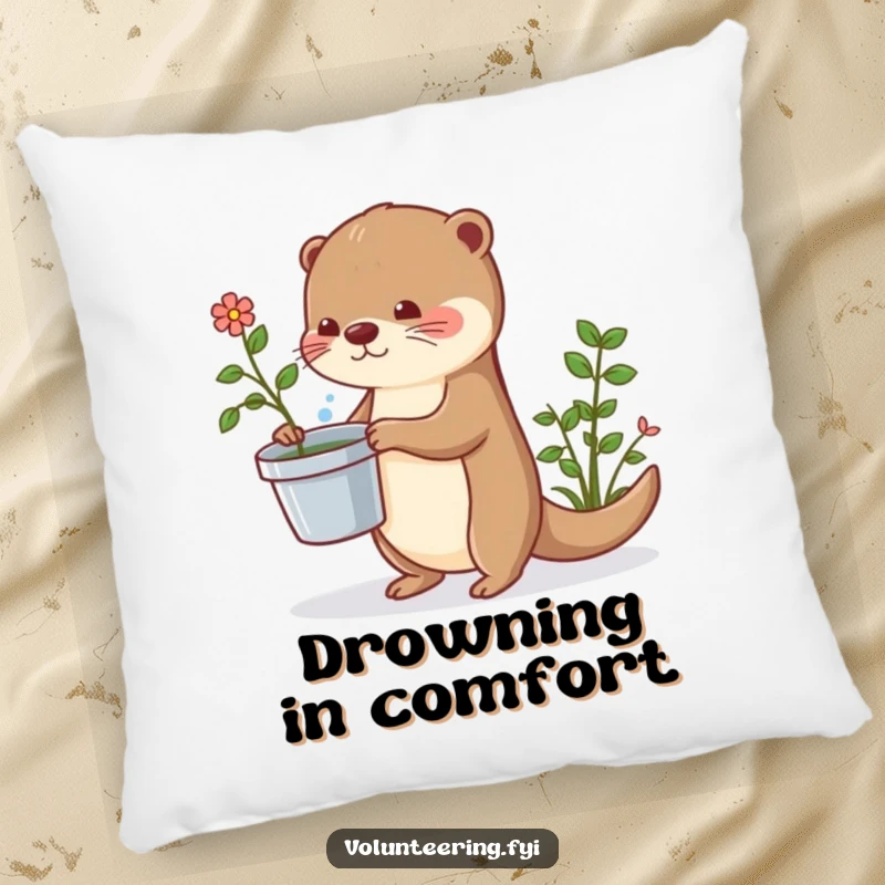 Funny otter pillow with a plush design of a cute otter carrying water for plants, offering comfort and charm.