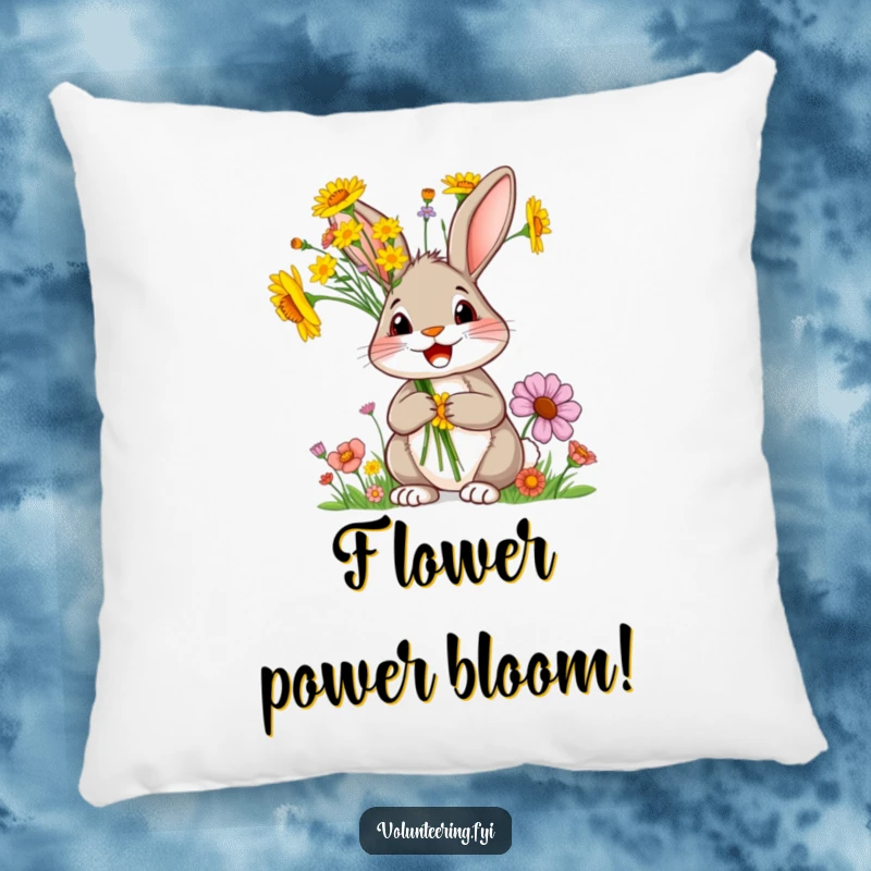 Funny rabbit pillow, a delighted cartoon rabbit holding a bunch of bright wildflowers, perfect for cozying up.